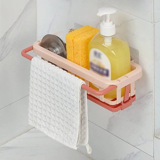 Rack per muro senza forare, rastrello per spezie con holder per asciugamano e 2 ganci, rack per muro senza forare con scarico per bagno e cucina (rosa)