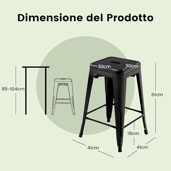 Set di 4 Sgabelli da Bar senza Schienale da 61/76 cm, Sgabelli in Metallo Impilabili con Poggiapiedi per Cucina, Sala da Pranzo e Bar (41 x 41 x 61 cm, Nero)
