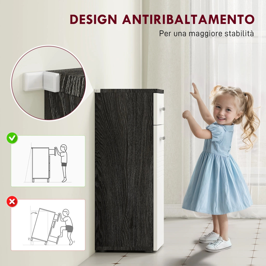 Mobile Bagno con Cassetto e Armadietto ¨C Zephmum ¨C Legno, Bianco e Nero, 35x30x77.5cm