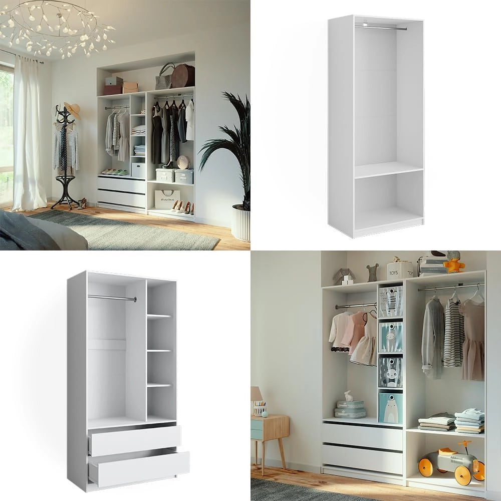 Armadio Elmo, Bianco, 180 x 200 cm Set di 2, per una conservazione flessibile di diversi capi di abbigliamento