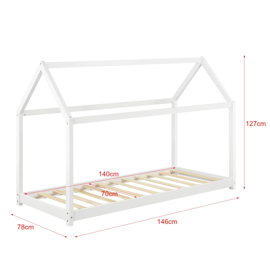 Letto per Bambino a Forma di Casetta con Materasso Ipoallergenico a Schiuma Fredda 70x140 cm Struttura in Legno in Stile Montessori - Color Bianco