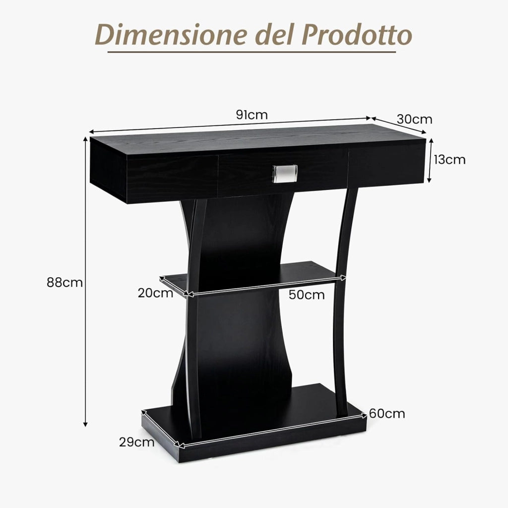 Consolle in Legno, Tavolo Ingresso Con Cassetti, Ripiani e 2 Kit Anti-ribaltamento, Multiuso e Salvaspazio per Salotto, Camera da Letto e Corridoio, 91 x 30 x 88 cm (Nero)