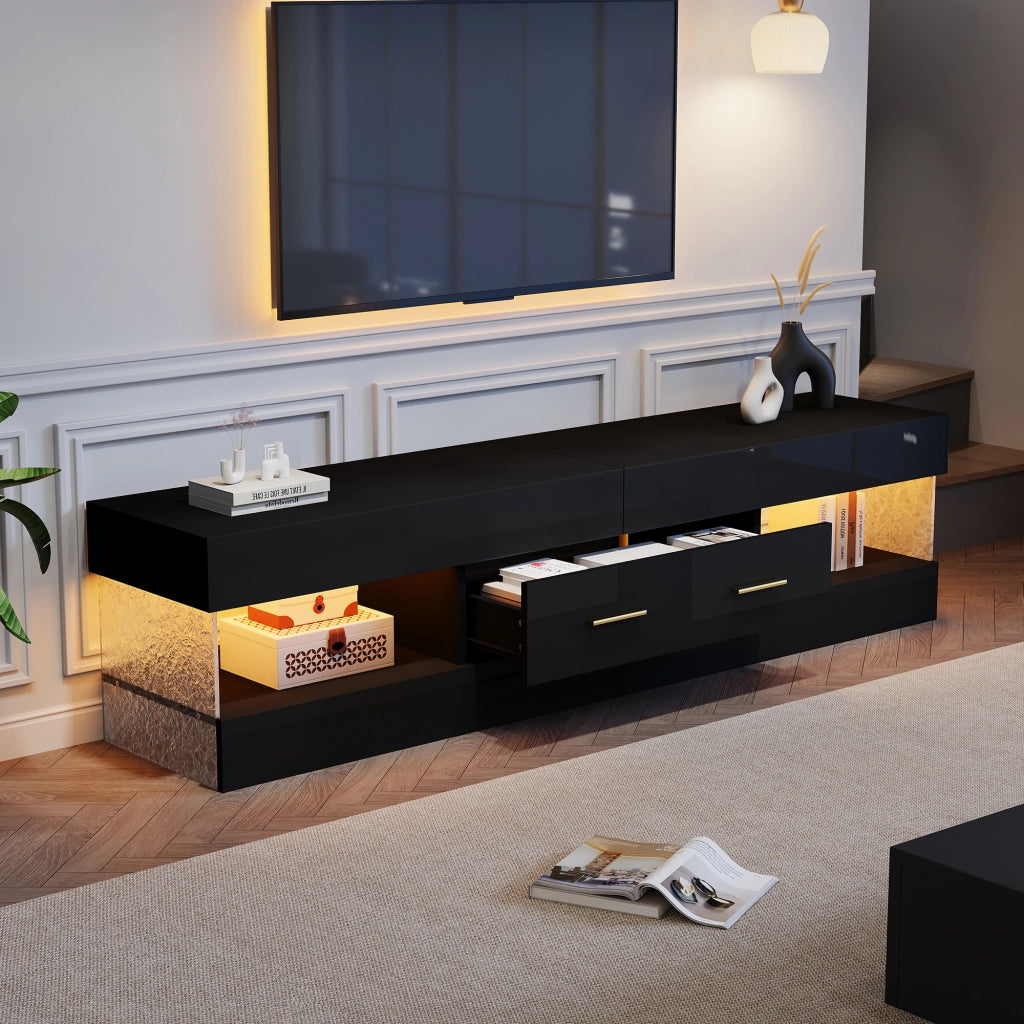 Mobile TV con LED, 152 x 35 x 40 cm, nero lucido con cassetti e vani a giorno