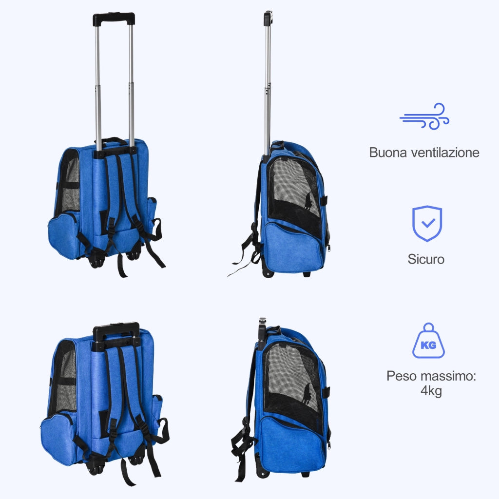 Trasportino Zaino 2 in 1 per Cani e Gatti 42x25x55 cm con Tasche e Maniglia Telescopica Blu