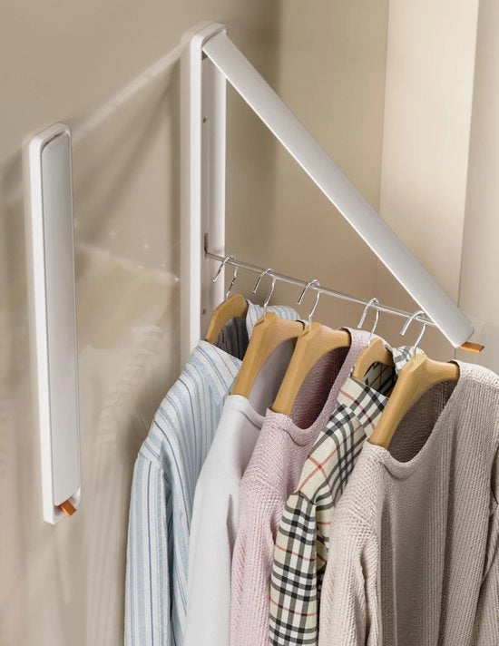 Kledingrek per Wand, intrekbare e pieghevole hanger per abbigliamento per la stanza da lavare, organizzazione e archiviazione, hanger per appartamento, armadio, balcone, stanza da lavare (1P, metallo, bianco)