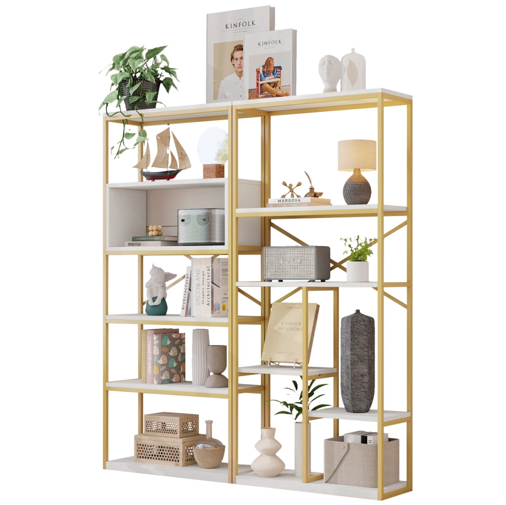 Libreria 160x29.5x180 cm a ripiani aperti con struttura rettangolare in metallo e MDF bianco e oro
