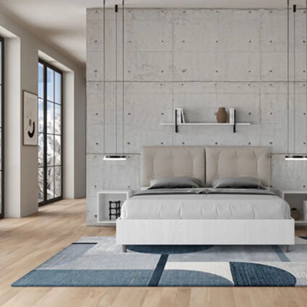 Letto matrimoniale contenitore 160x200 bianco frassino cuscini similpelle tortora Egos Annalisa