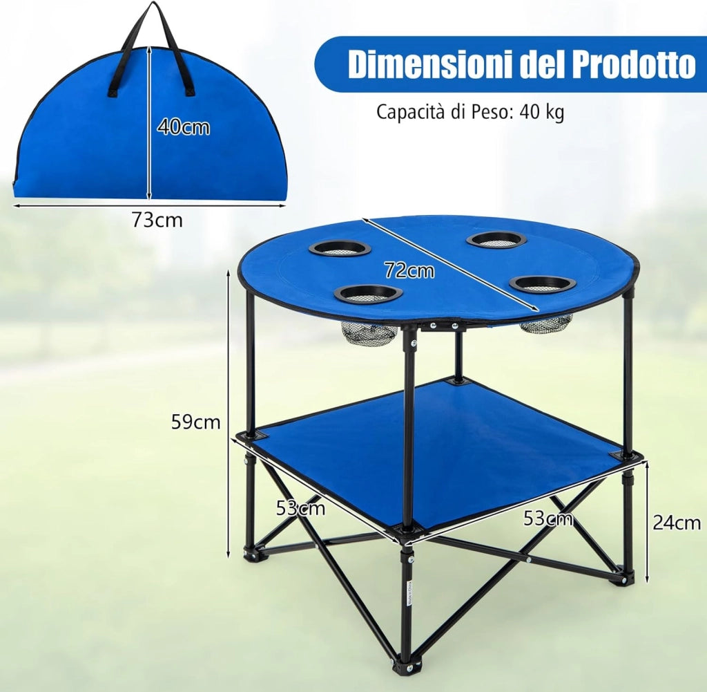 Tavolo da Campeggio Pieghevole, Tavolo da Picnic Portatile a 2 Ripiani, 4 Porta-Coppe, Tavolo Impermeabile per Spiaggia, Portata 40 kg
