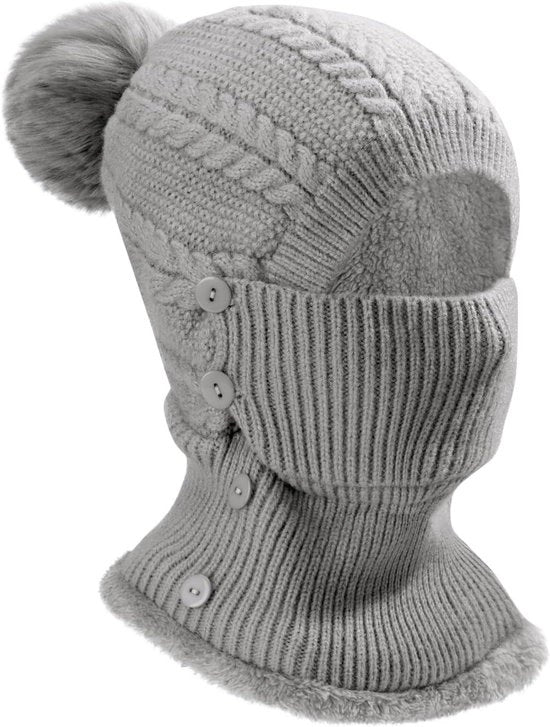 Mutte di lana calda per donne invernali con copertura del viso e collo grigio