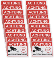Sticker di avviso 20 pezzi - sorveglianza video - PVC - 7,4 x 5,2 cm - impermeabile - duraturo - design rosso/nero - etichetta di sicurezza