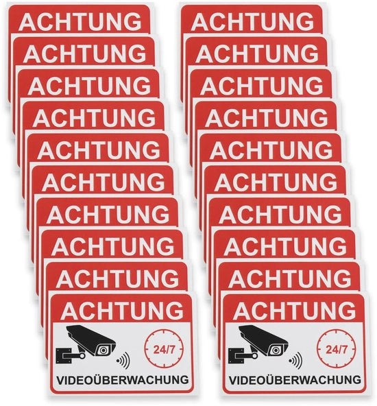 Sticker di avviso 20 pezzi - sorveglianza video - PVC - 7,4 x 5,2 cm - impermeabile - duraturo - design rosso/nero - etichetta di sicurezza