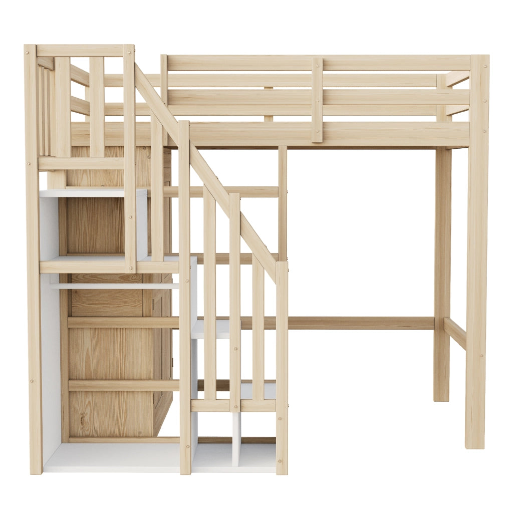 Letto a Soppalco Singolo con Scala Contenitore; Armadio e Barra Appendiabiti; 90 × 200 cm; senza Materasso