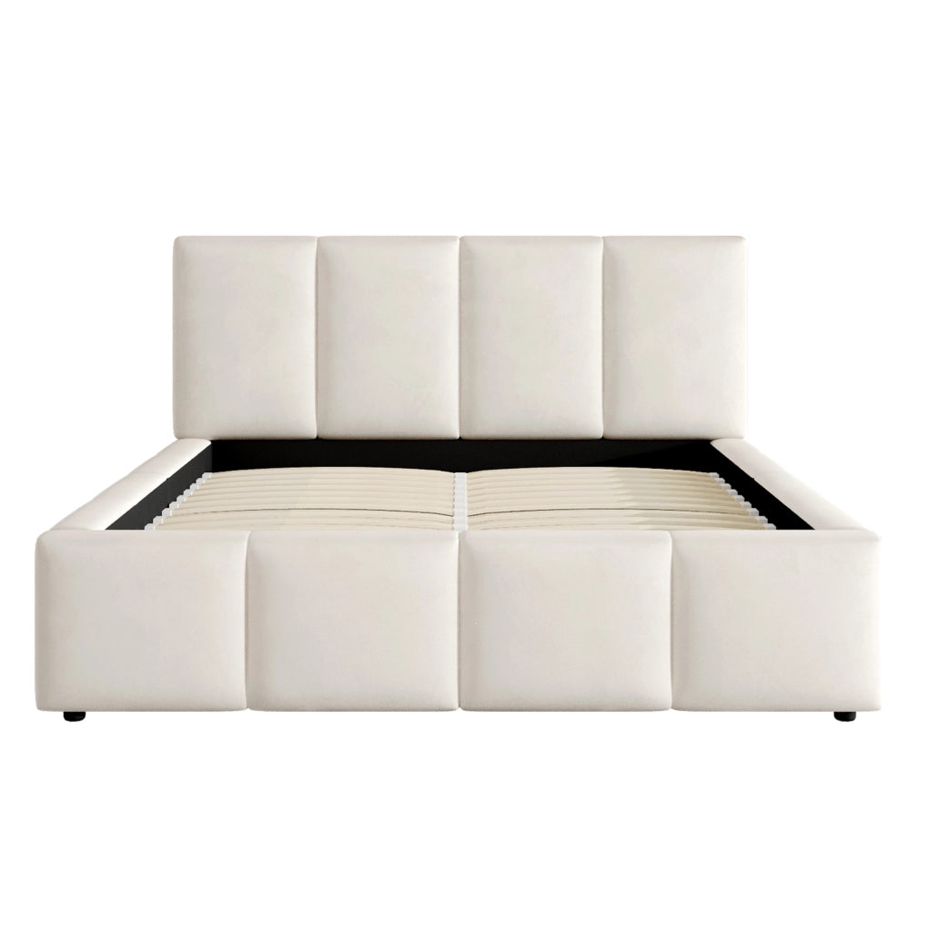 Letto imbottito 180x200 cm con rete; testiera imbottita in chenille beige