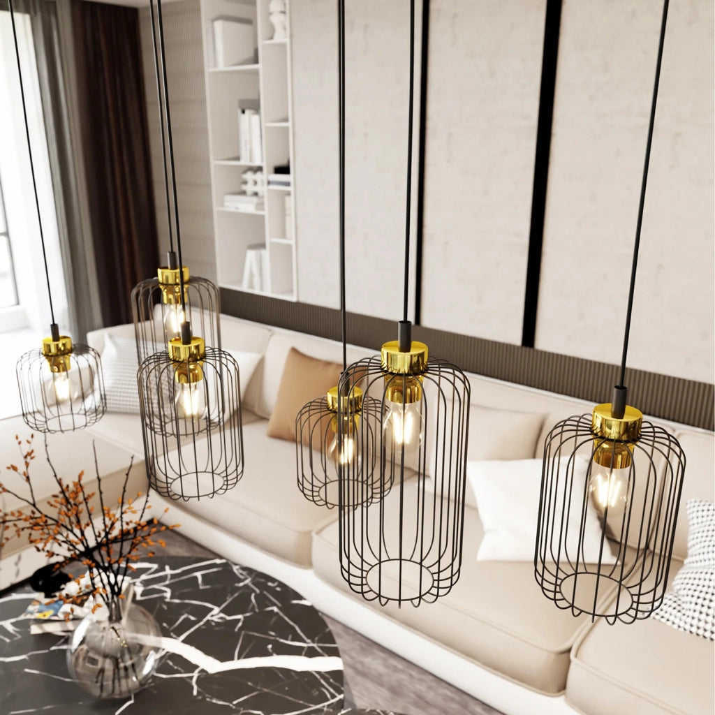 Sospensione Minimal Industrial Minerva 6 Luci Lineari Nera E Oro