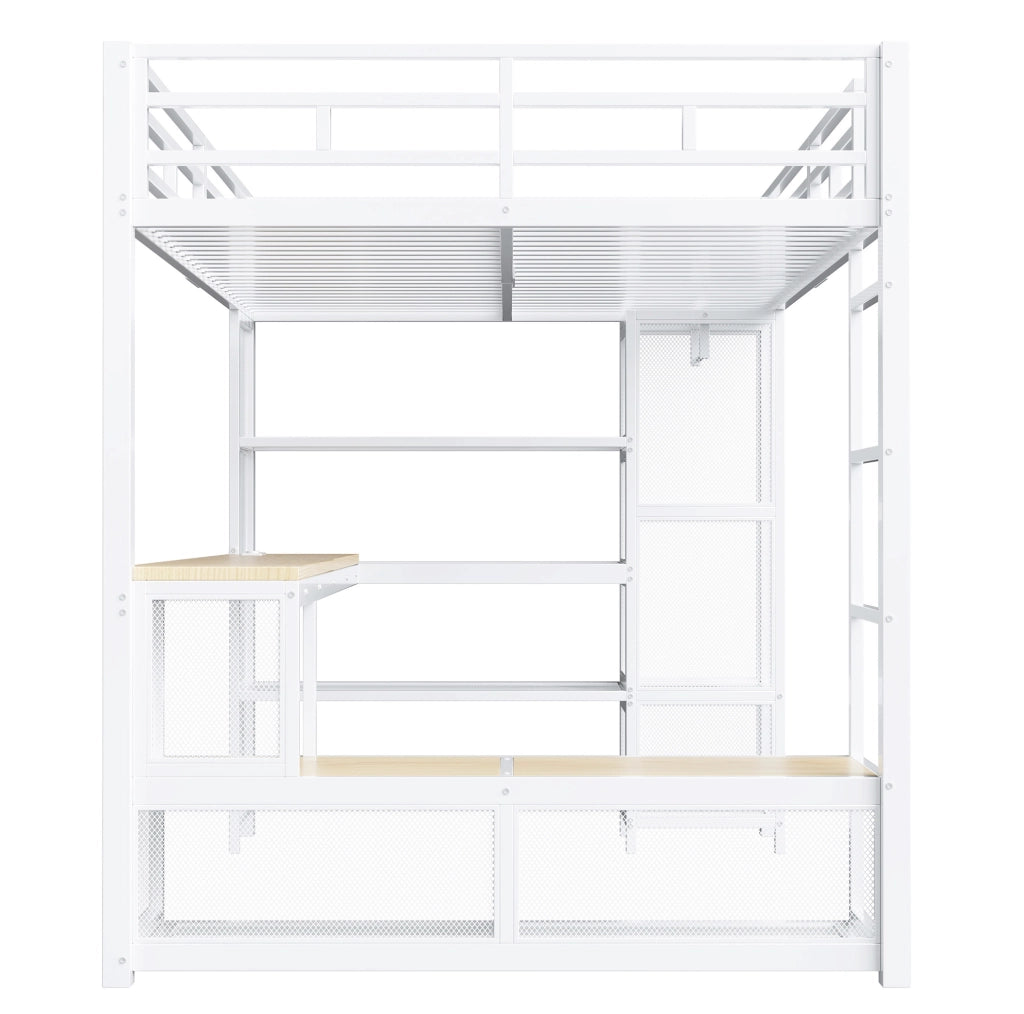 Letto a soppalco 140x200 cm in metallo con scrivania, armadio aperto e LED