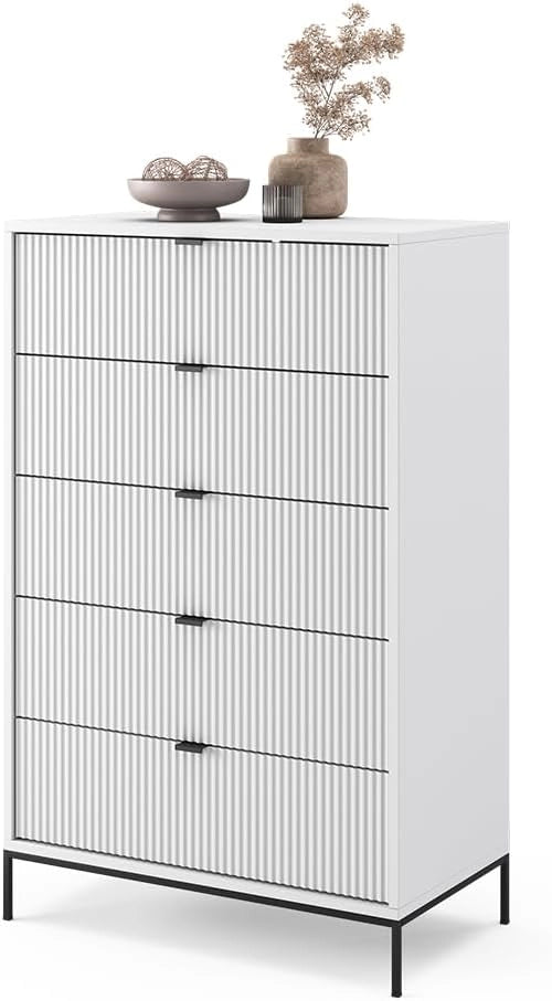 Cassettiera Eliza, Bianco, 76 x 120 cm con 5 cassetti, per conservazione e utilizzo in camera da letto o corridoio