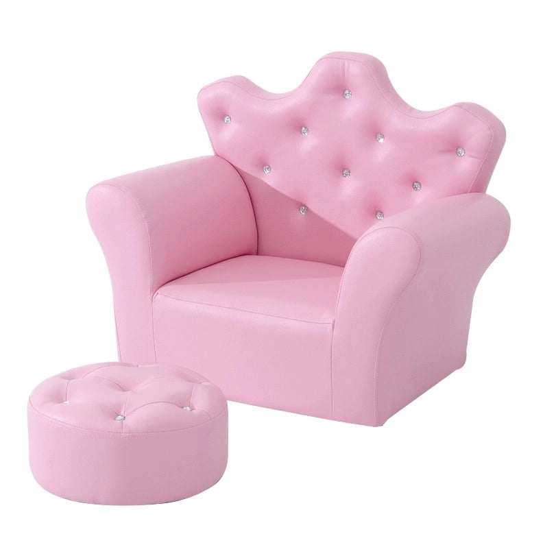 Poltroncina per bambini rosa con pouf e finitura capitonné