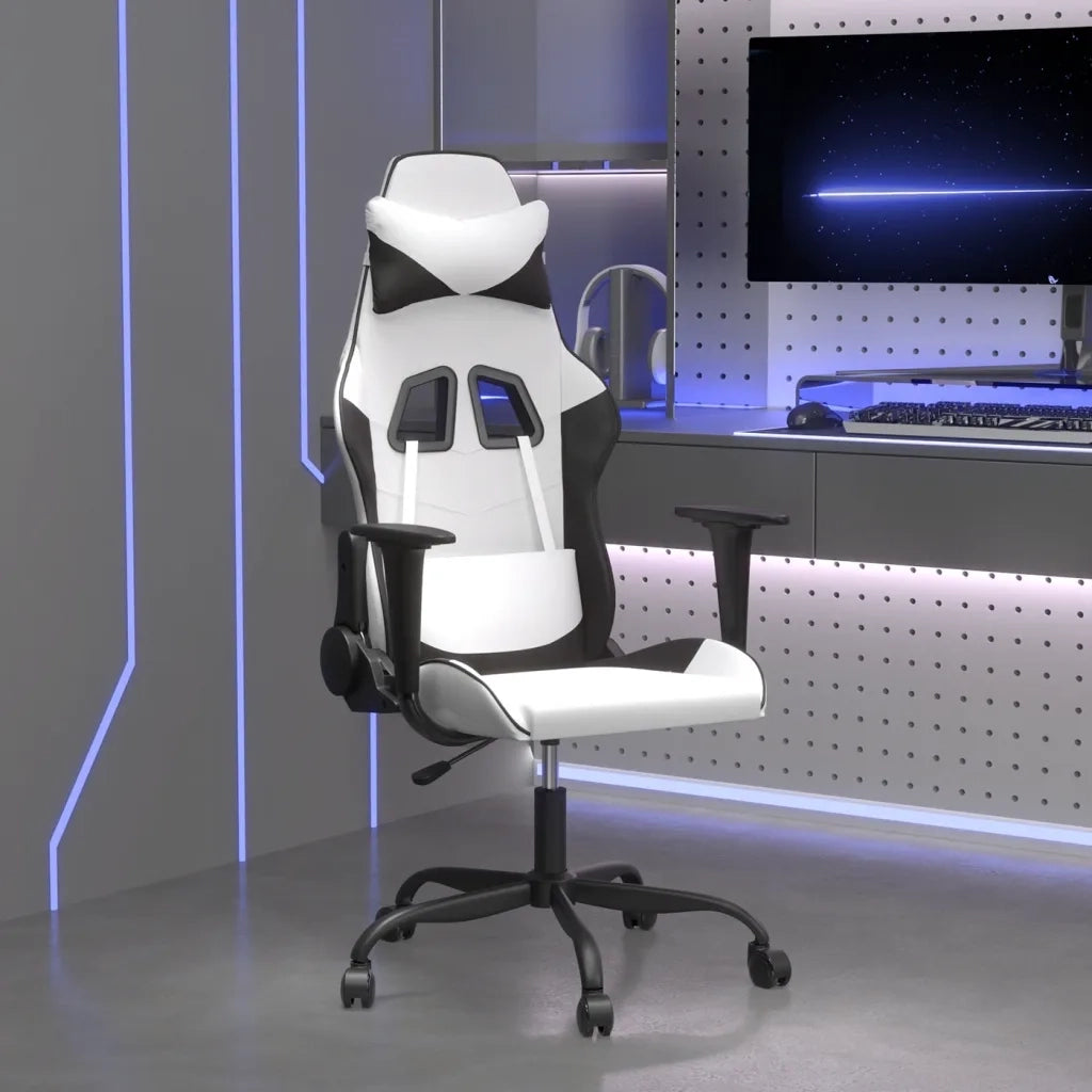 Sedia da Gaming | Sedia da e-sports Massaggiante Bianco e Nero in Similpelle