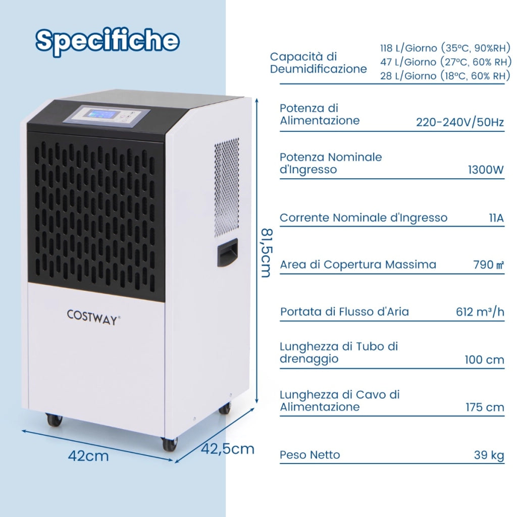 Deumidificatore commerciale 118L con tubo di scarico, Deumidificatore per impieghi gravosi per spazi fino a 790©O Bianco-Condizionatori aria