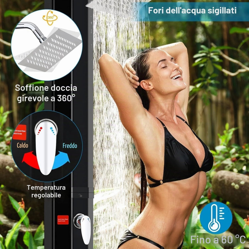 Doccia Solare 40 L, Doccia Solare da Giardino, con Soffione a Pioggia, Rubinetto, Attacco per Tubo da Giardino e Custodia Protettiva, Doccia per Piscina Senza Elettricità, Acqua Calda fino a 60 °C
