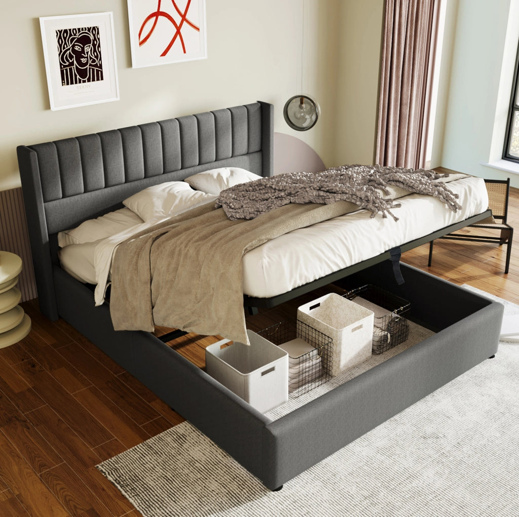 Letto matrimoniale contenitore 140x200 cm con rete sollevabile; in lino grigio