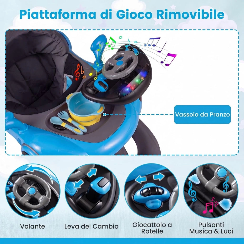 Girello per Bambini 6-in-1 Evolutivo, Centro Attività Pieghevole con Maniglia, Regolazione Altezza/Velocità, con Musica, Luci Tenda, per Neonati 6-18 Mesi (Nero+Blu)