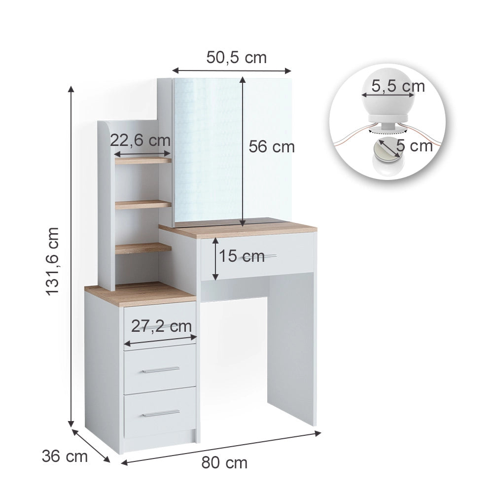 Vicco Tavolo da toeletta Bianco/Sonoma 80 cm con illuminazione a LED