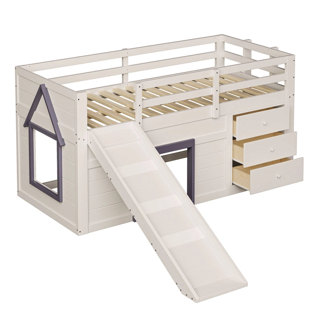 OKWISH Letto a soppalco basso 90×200 cm, Letto Singolo con Scivolo, 3 Cassetti e 2 Ante, senza Materasso, in Legno, Crema