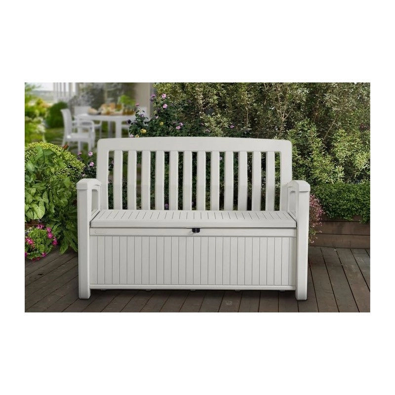 Cassapanca in resina con finitura effetto legno Patio bench bianca 132,7x61,2xh.89 cm