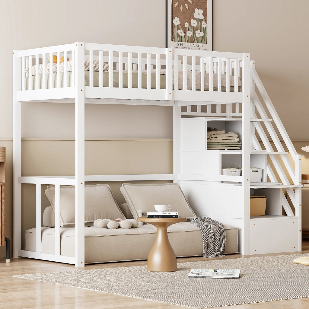 Letto a soppalco 90x200 cm in legno bianco con scala contenitore