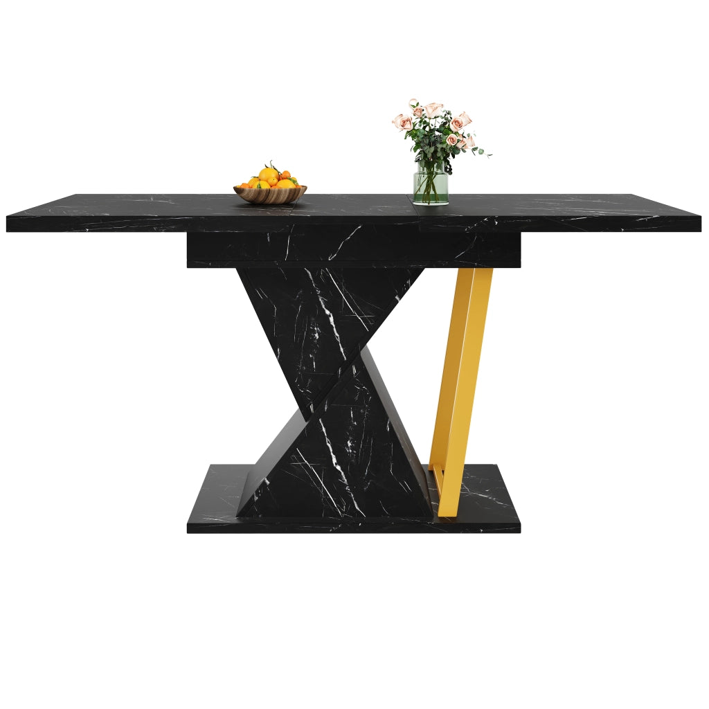 Tavolo da pranzo allungabile con piano effetto marmo, 1 allunga, in MDF e metallo, nero per cucina e soggiorno