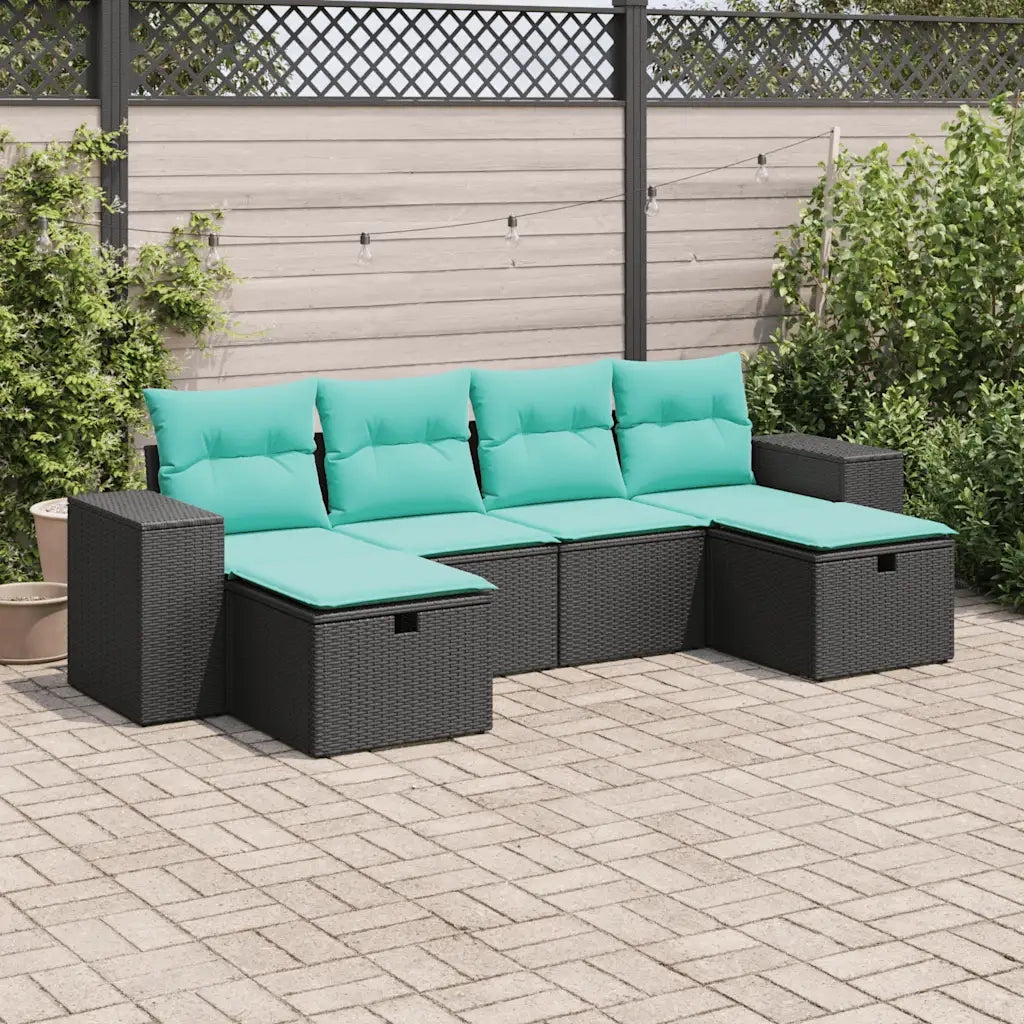 Set Divano da Giardino 6 pz con Cuscini Nero in Polyrattan