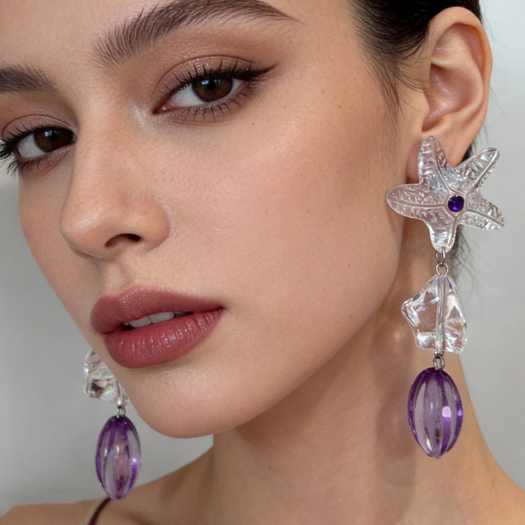Orecchini a stella trasparenti in stile vacanza estiva per donna, design di nicchia, orecchini/perni viola di alta gamma e versatili