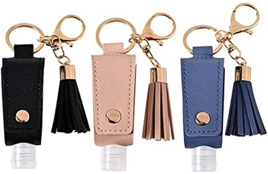 Set di 3 flaconi di disinfettante portatili in pelle PU - 30ml - con appendi-chiave - impermeabile - disinfettante per le mani