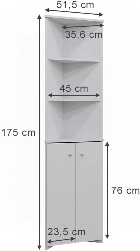 Armadio per il bagno Fynn, Bianco, 51.5 x 175 cm Armadio angolare a 2 ante, da parete per la conservazione di accessori da bagno