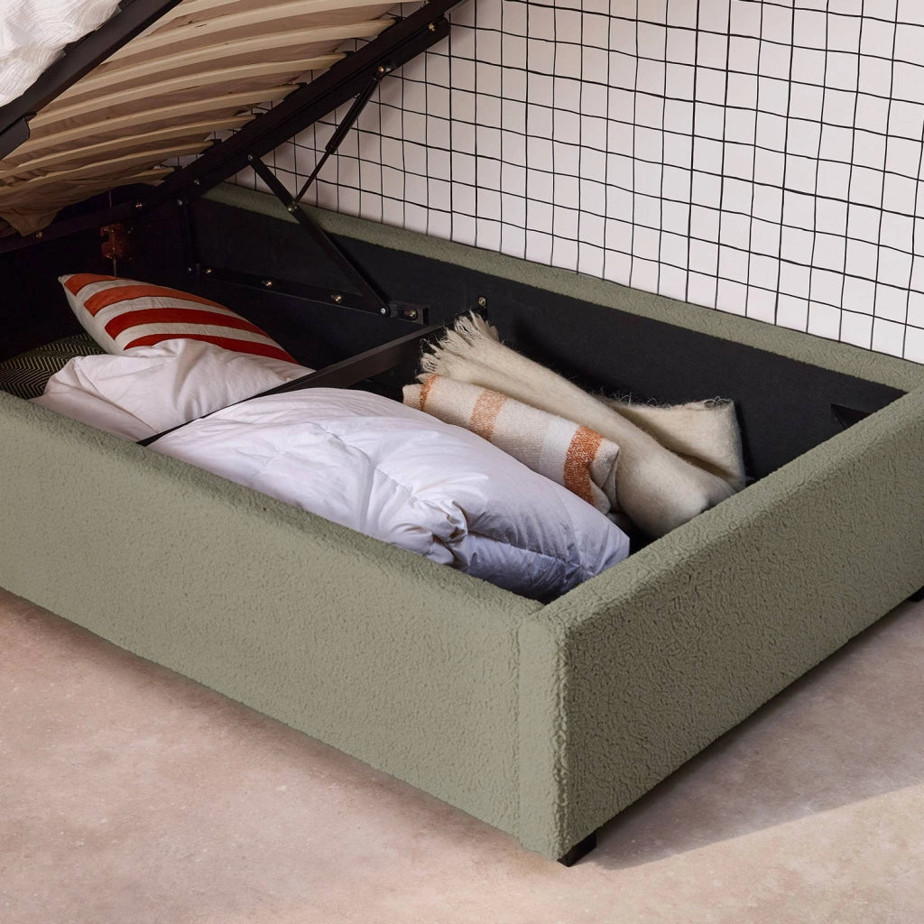 Struttura letto con contenitore e testiera 90x190cm, imbottita bouclé,