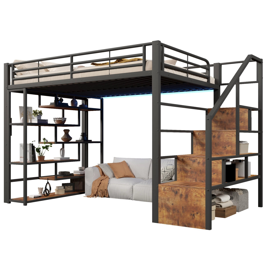 Letto a soppalco 140x200 cm con spazio libero sottostante; LED; ripiano; gradini integrati e parapetto; metallo nero