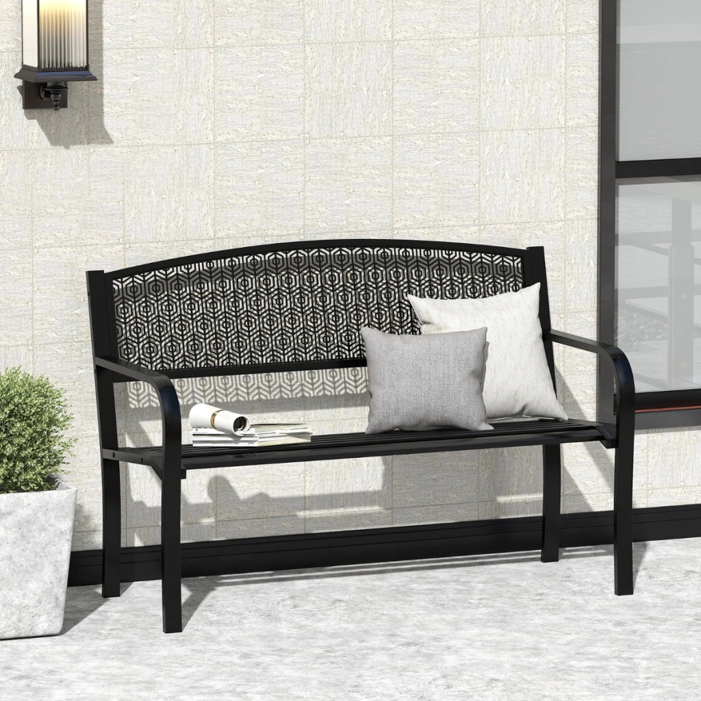 Panca metallica da esterno in stile parco per giardino per 2-3 persone, Panca metallica da patio da 128 cm Nero-Panchine