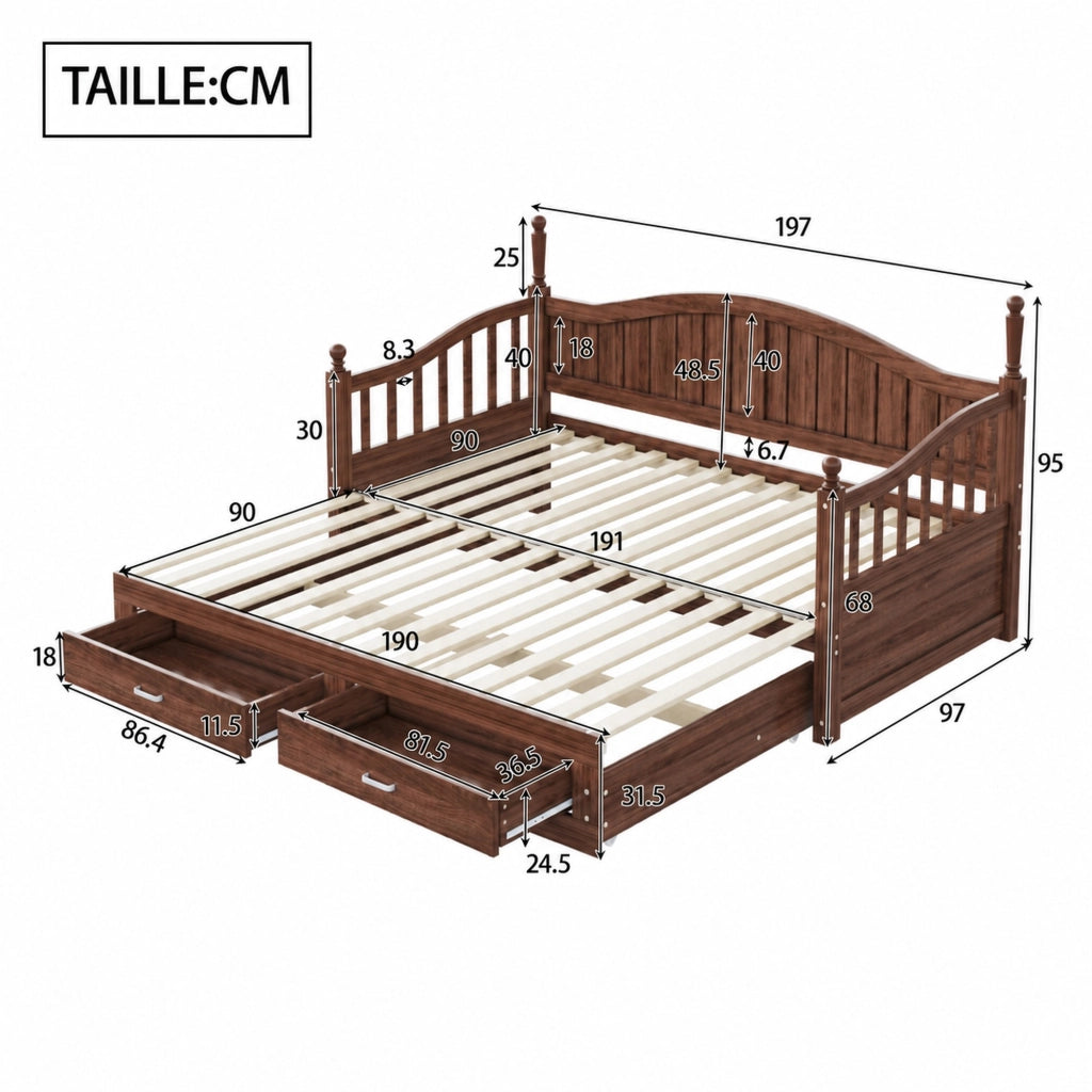 DESMIU Litto a scomparsa 90 × 190 cm 2 posti con 2 cassetti, senza materasso, in legno, noce naturale