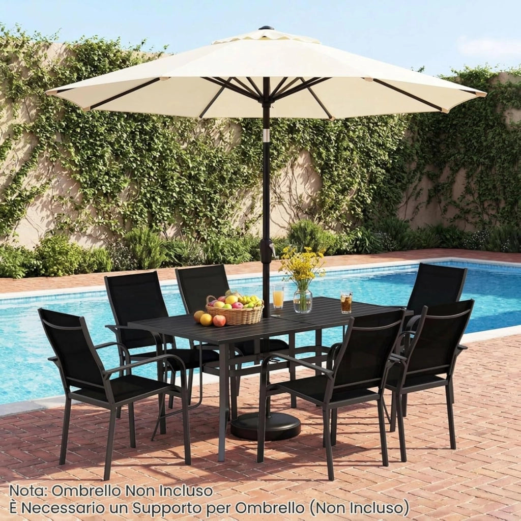Tavolo da Giardino a 6 Posti in Metallo, Tavolo Esterno con Fori di Ombrellone, 160 x 84 x 73 cm, per Balcone, Terrazzo, Campeggio, Pranzo, Rettangolare, Resistente, Portata 150 kg