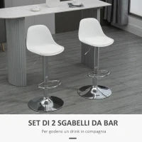 Set 2 Sgabelli da Cucina di Design Girevoli con Schienale, Poggiapiedi e Altezza Regolabile, in Similpelle e PP, Base in Acciaio, 38x42x82-104cm, Bianco