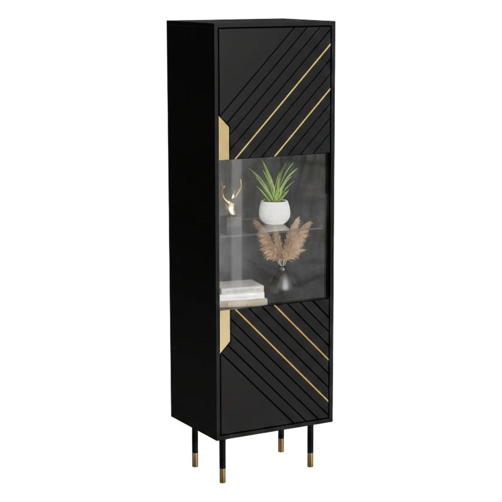 Vetrina Ippoliti, Vetrinetta da soggiorno con ante e dettaglio in vetro, Rialzato da terra, 54x40 h180 cm, Nero e Oro