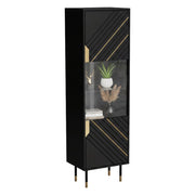 Vetrina Ippoliti, Vetrinetta da soggiorno con ante e dettaglio in vetro, Rialzato da terra, 54x40 h180 cm, Nero e Oro
