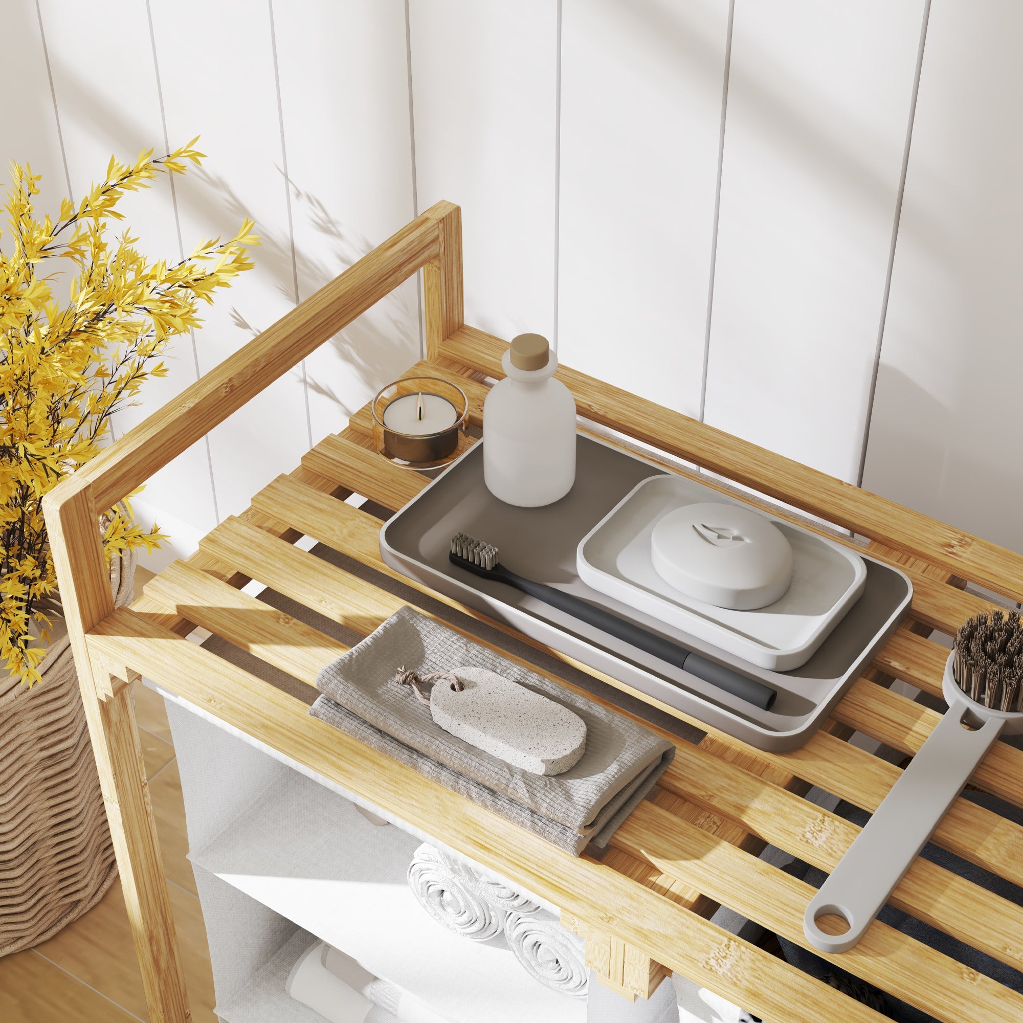 Cesto Portabiancheria 70x36x70 cm con 2 Borse Estraibili e Ripiano in Bambù Bianco