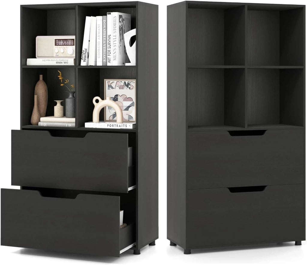 Libreria Scaffale in Legno con 4 Cubi e 2 Cassetti, Libreria Chiusa con Dispositivo Antiribaltamento, Mobile per Soggiorno, Ufficio, Camera da Letto, 70 x 33,5 x 130 cm (Nero)