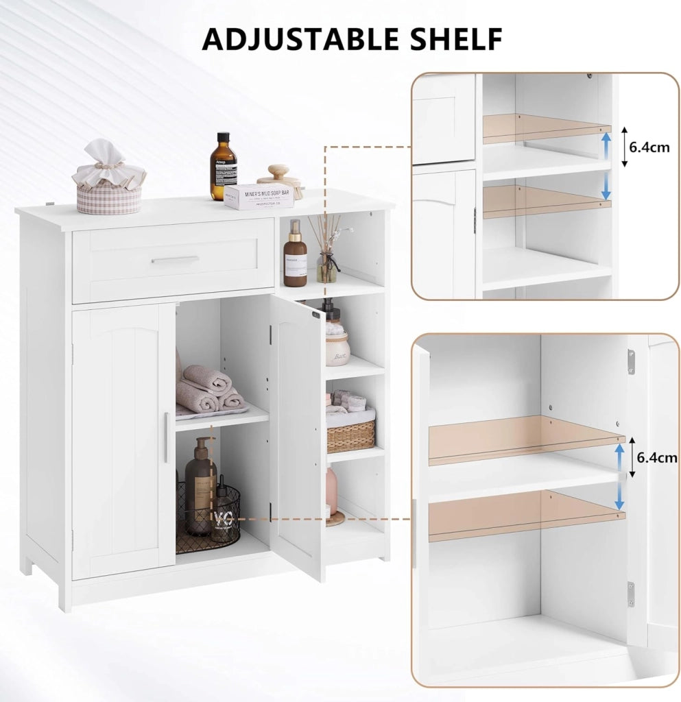 Mobile da Bagno Indipendente con 2 Ante 1 Cassetto 4 Ripiani Aperti, Regolabili in Altezza, Unità di Stoccaggio per Corridoio, Credenza da Cucina, 80x30x80,5 cm, Bianco