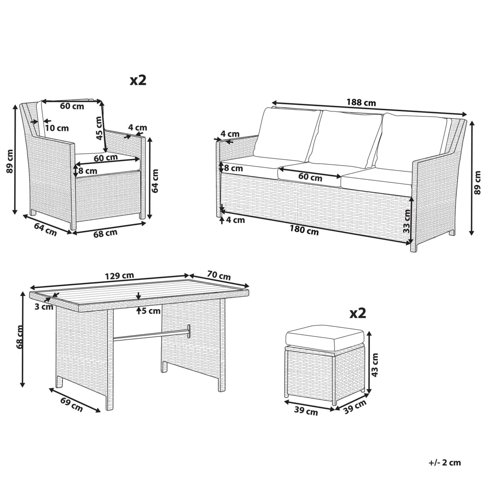Set Divani Da Giardino Marrone Rattan Bianco Cuscini Divano A 5 Posti Tavolo Rettangolare 2 Poltrone 2 Pouf Set Da Pranzo All'aperto