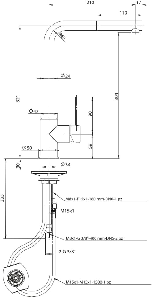 MISCELATORE MONOCOMANDO LAVELLO CON DOCCIA ESTRAIBILE LINEA PIN- Nero Opaco- ARGO- pezzi 1
