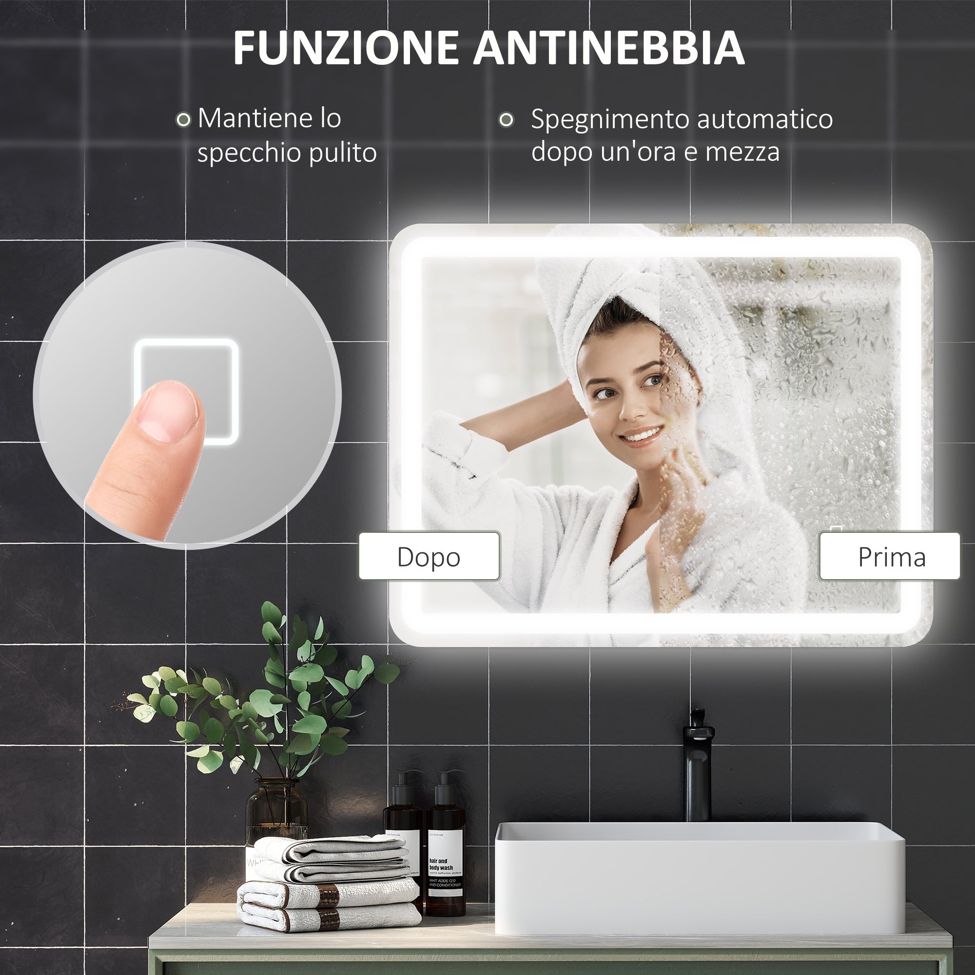 Specchio Bagno 70x90 cm LED Touch con Luce Dimmerabile a 3 Temperature e Antiappannamento