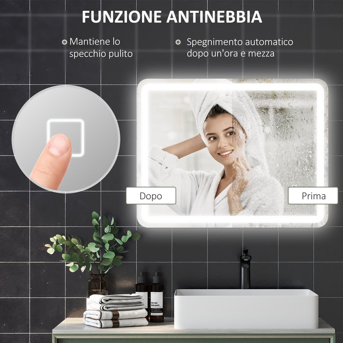Specchio Bagno 70x90 cm LED Touch con Luce Dimmerabile a 3 Temperature e Antiappannamento